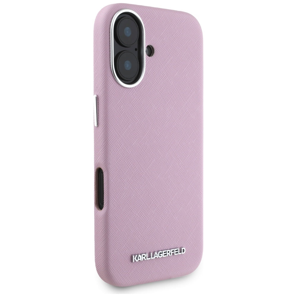 Futrola MagSafe za Apple iPhone 16, Karl Lagerfeld, Saffiano Full Wrapped Elongated Metal Logo, Roze