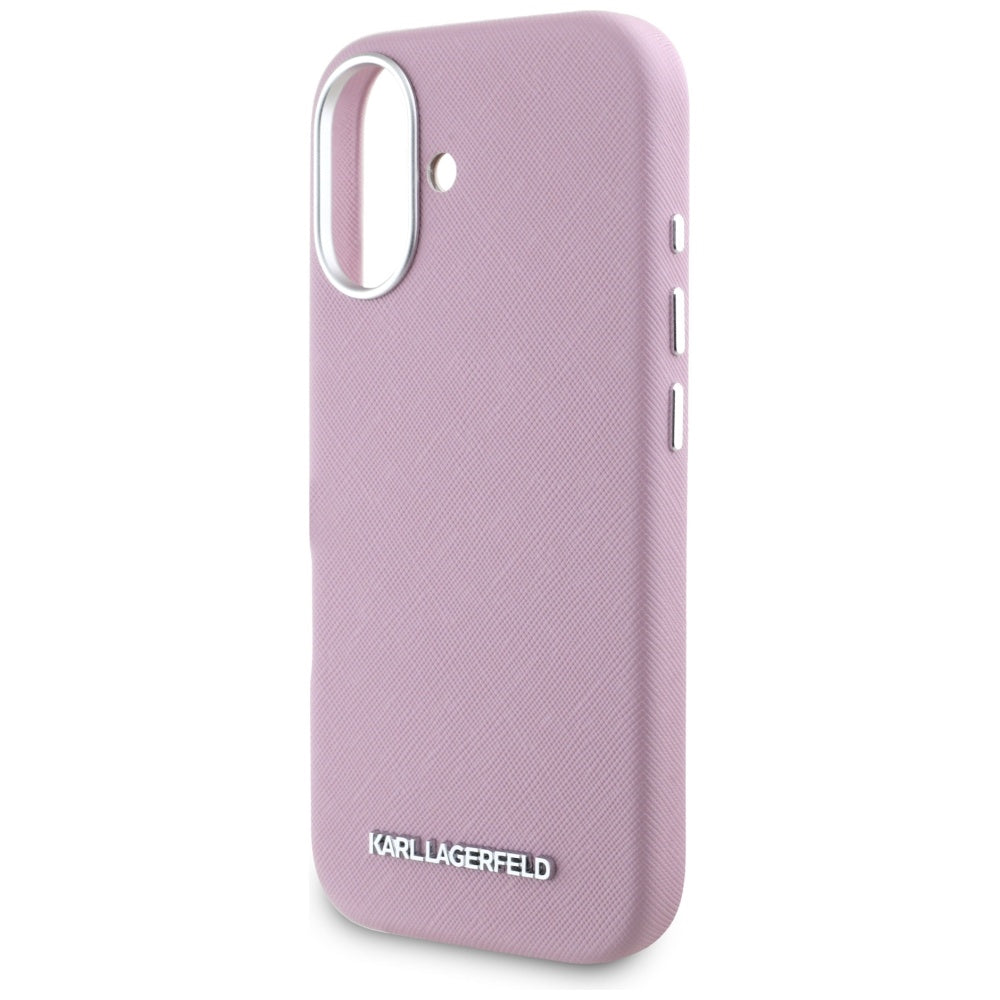 Futrola MagSafe za Apple iPhone 16, Karl Lagerfeld, Saffiano Full Wrapped Elongated Metal Logo, Roze