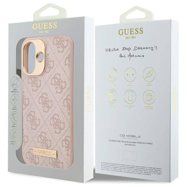 Husa MagSafe za Apple iPhone 16 Plus, Guess, 4G Logo Plate, Roze