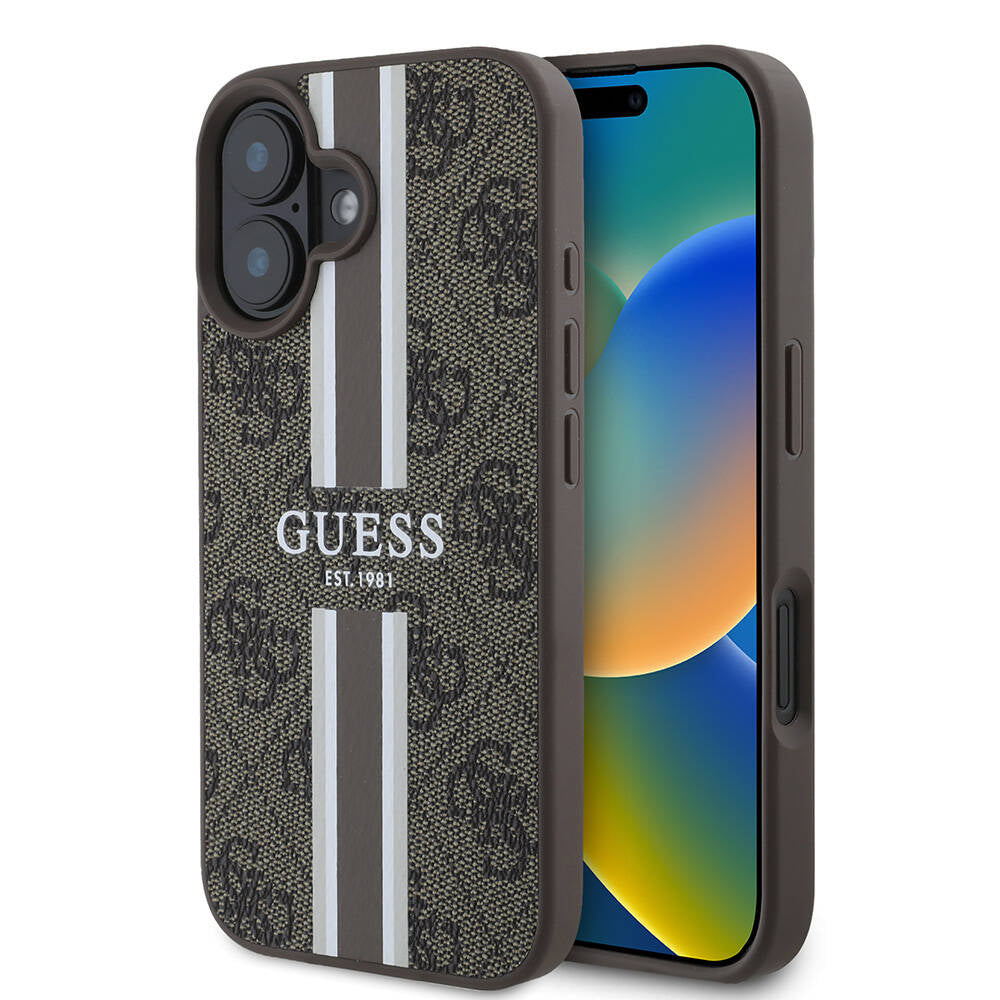Husa MagSafe za Apple iPhone 16 Plus, Guess, 4G Printed Stripes, Braon