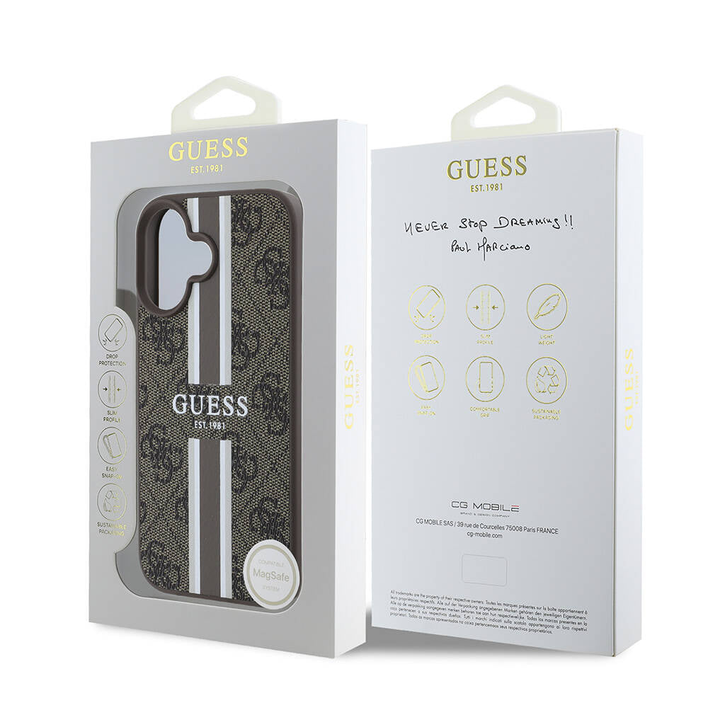 Husa MagSafe za Apple iPhone 16 Plus, Guess, 4G Printed Stripes, Braon