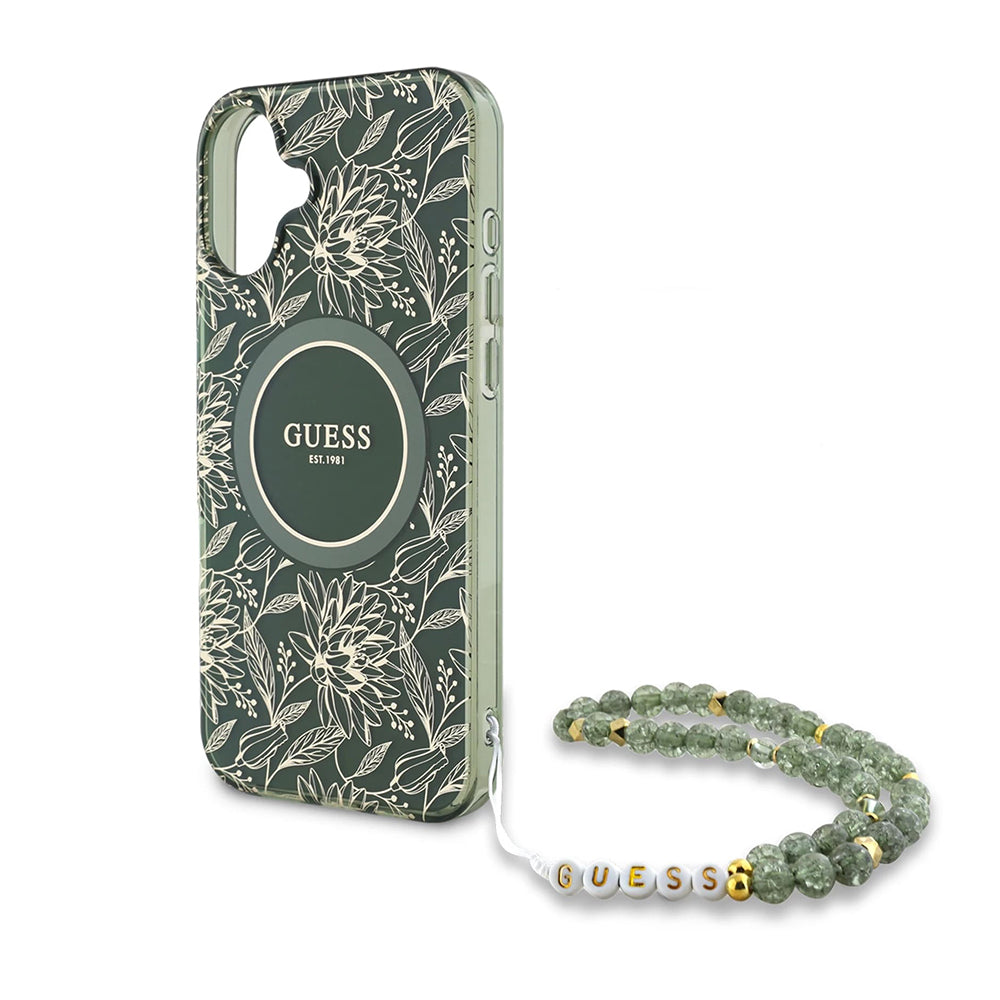 Husa MagSafe za Apple iPhone 16 Plus, Guess, IML Flowers Allover Electroplated with Pearl Strap, Zelena