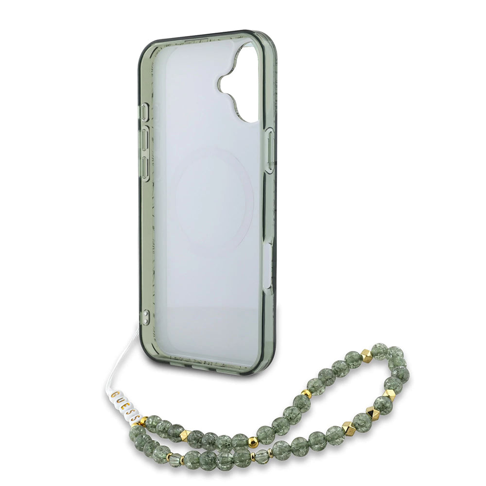 Husa MagSafe za Apple iPhone 16 Plus, Guess, IML Flowers Allover Electroplated with Pearl Strap, Zelena