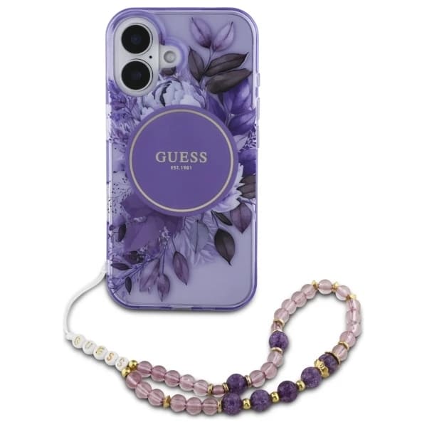 Husa MagSafe za Apple iPhone 16 Plus, Guess, IML Flowers with Pearl Strap, Ljubičasta