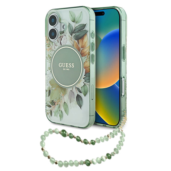 Husa MagSafe za Apple iPhone 16 Plus, Guess, IML Flowers with Pearl Strap, Zelena
