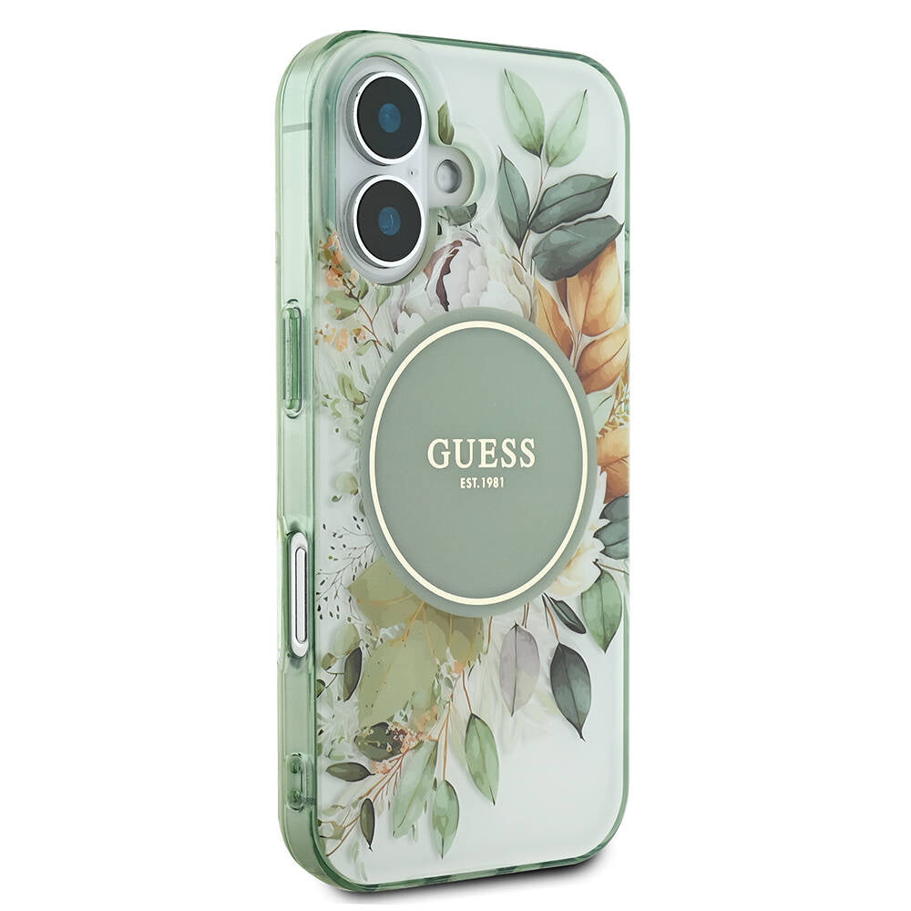 Husa MagSafe za Apple iPhone 16 Plus, Guess, IML Flowers with Pearl Strap, Zelena