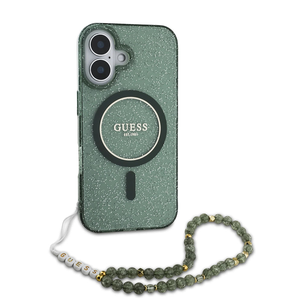 Husa MagSafe za Apple iPhone 16 Plus, Guess, IML Glitter with Pearl Strap, Zelena