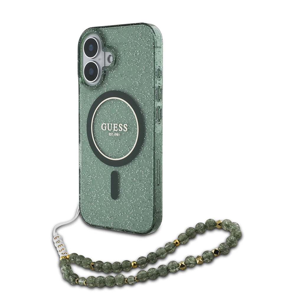 Husa MagSafe za Apple iPhone 16 Plus, Guess, IML Glitter with Pearl Strap, Zelena