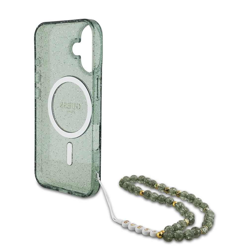 Husa MagSafe za Apple iPhone 16 Plus, Guess, IML Glitter with Pearl Strap, Zelena