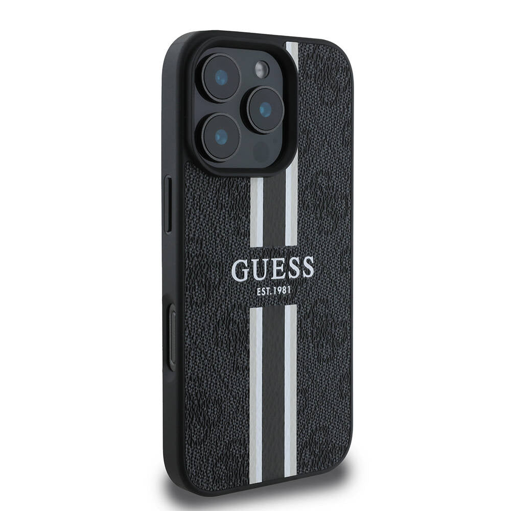 Husa MagSafe za Apple iPhone 16 Pro, Guess, 4G Printed Stripes, Crna