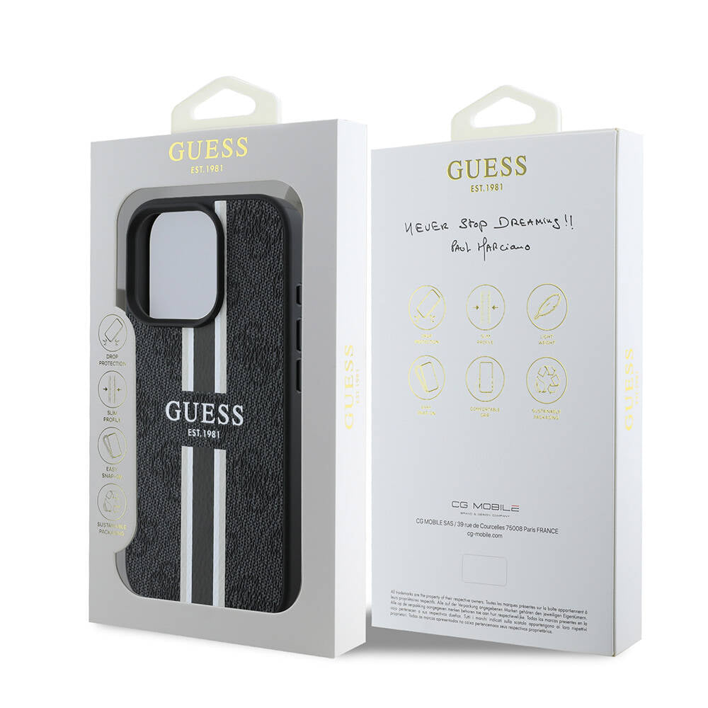 Husa MagSafe za Apple iPhone 16 Pro, Guess, 4G Printed Stripes, Crna