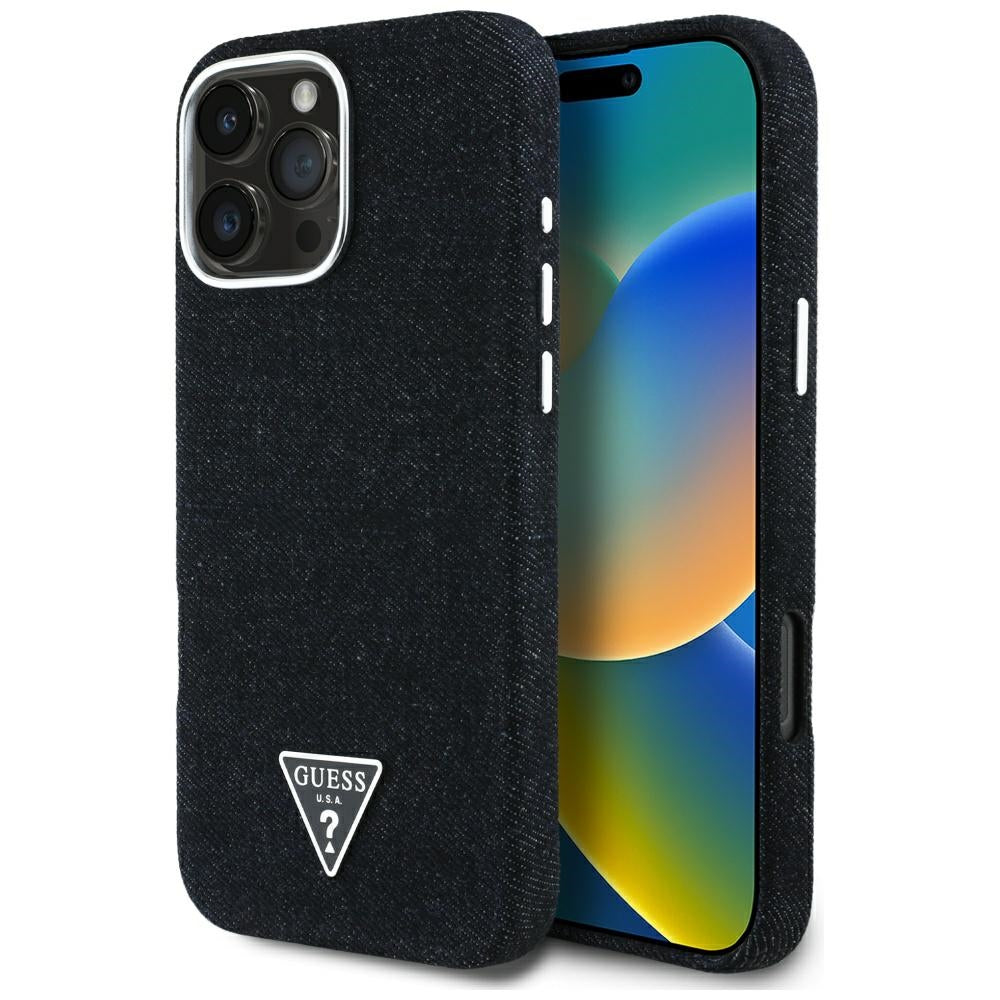 Futrola MagSafe za Apple iPhone 16 Pro, Guess, Denim Triangle Logo, Crna