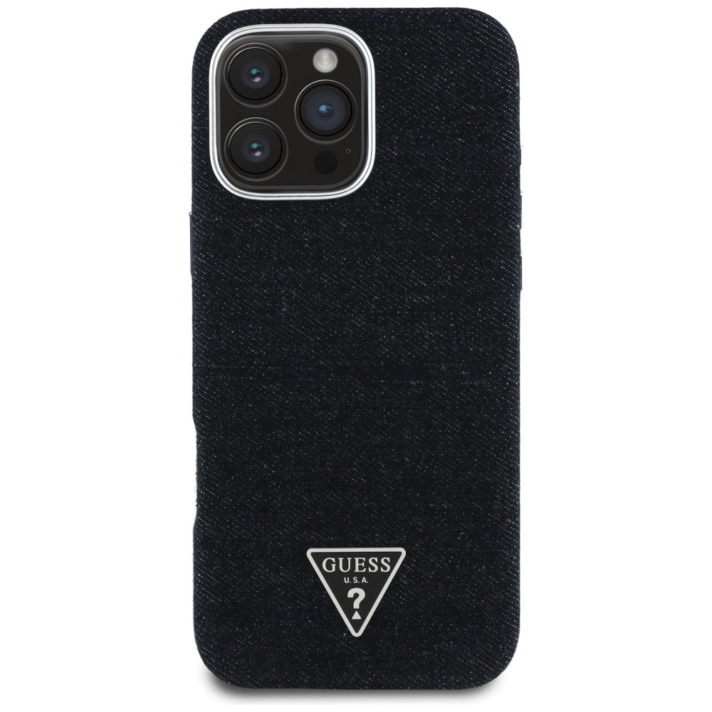 Futrola MagSafe za Apple iPhone 16 Pro, Guess, Denim Triangle Logo, Crna