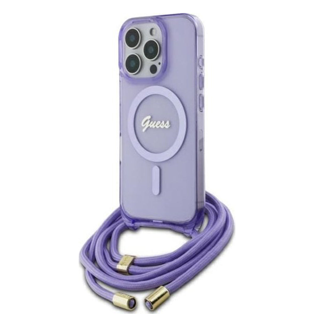 Husa MagSafe za Apple iPhone 16 Pro, Guess, IML Crossbody Cord Script, Ljubičasta