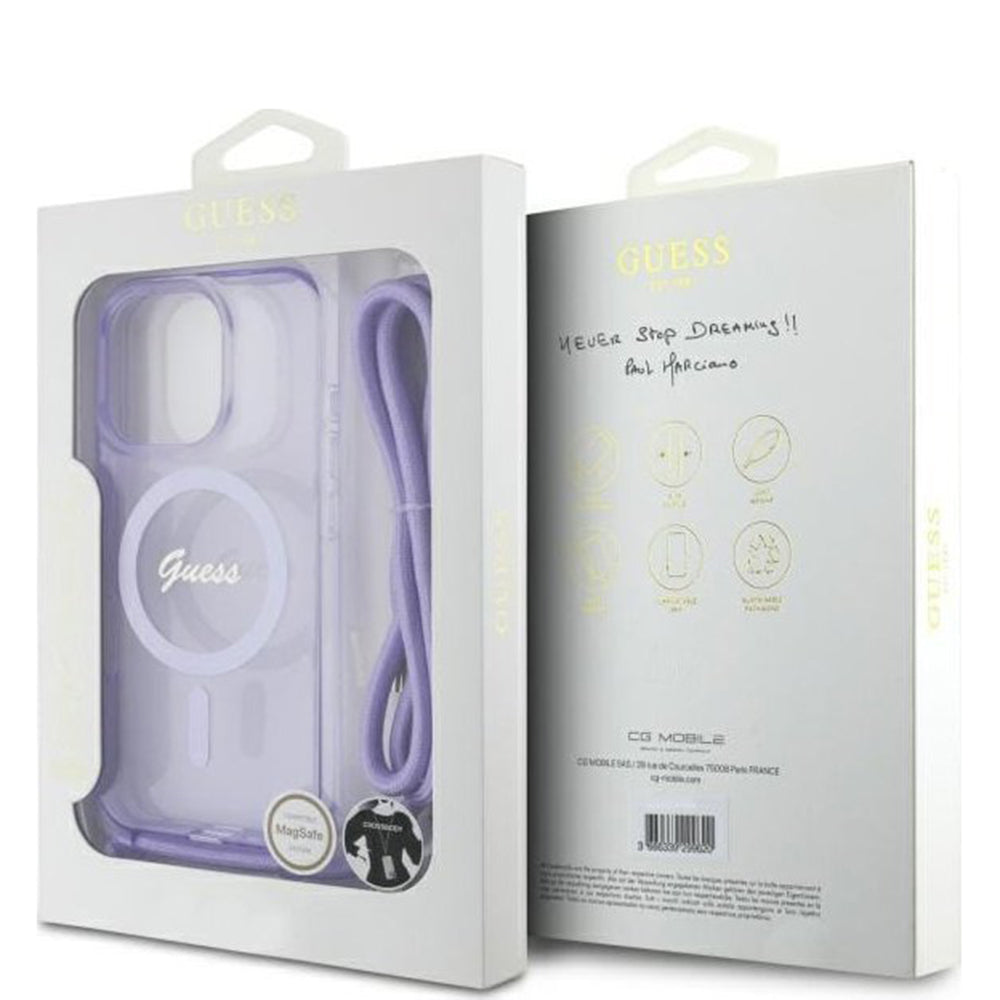 Husa MagSafe za Apple iPhone 16 Pro, Guess, IML Crossbody Cord Script, Ljubičasta
