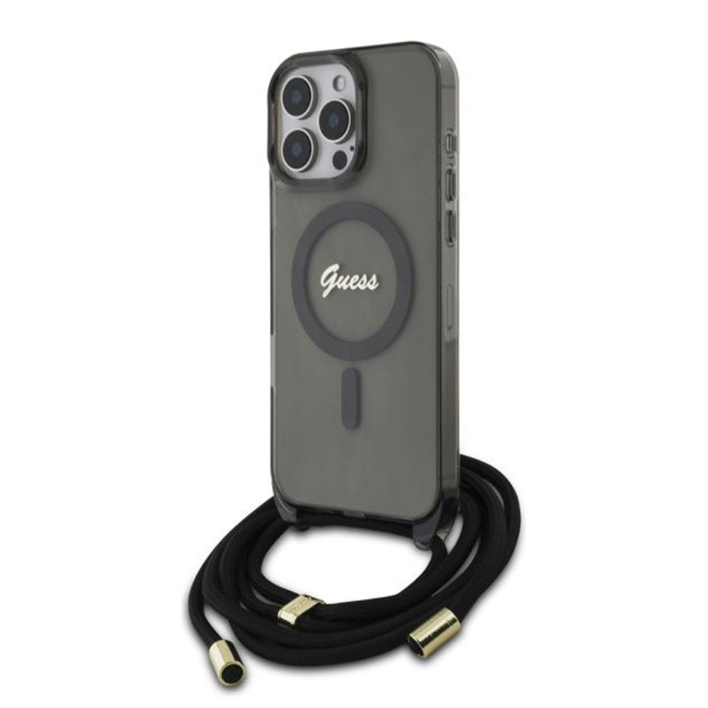 Futrola MagSafe za Apple iPhone 16 Pro, Guess, IML Crossbody Cord Script, Crna