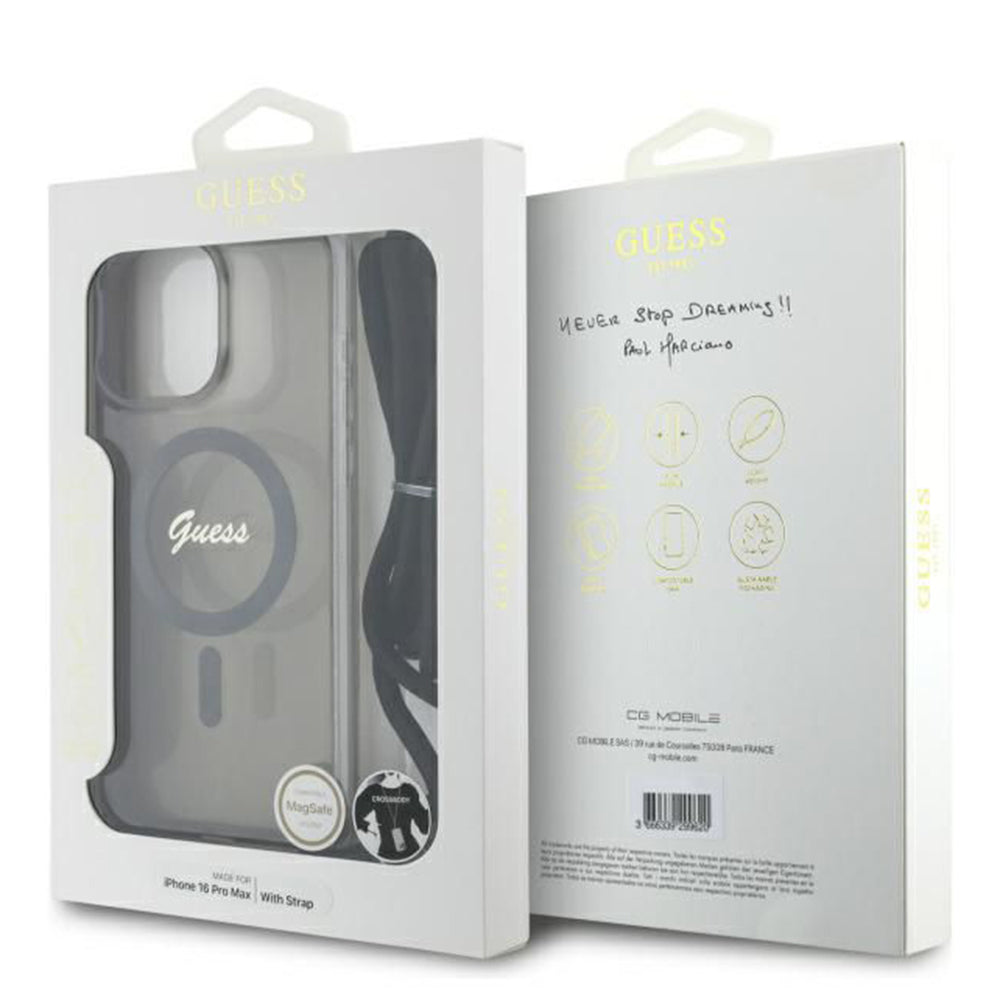 Futrola MagSafe za Apple iPhone 16 Pro, Guess, IML Crossbody Cord Script, Crna