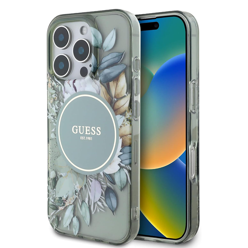 Husa MagSafe za Apple iPhone 16 Pro, Guess, IML Flower & Tonal Circle, Zelena