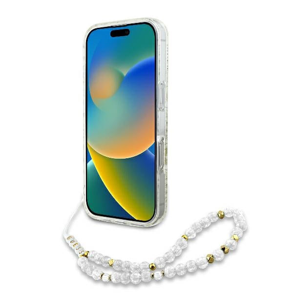 Husa MagSafe za Apple iPhone 16 Pro, Guess, IML Flowers Allover Electroplated with Pearl Strap, Bela