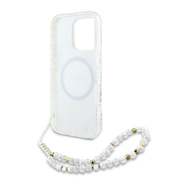 Husa MagSafe za Apple iPhone 16 Pro, Guess, IML Flowers Allover Electroplated with Pearl Strap, Bela