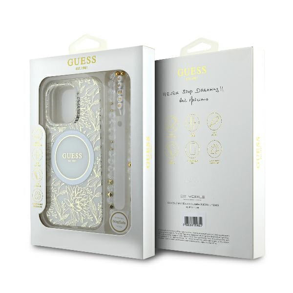 Husa MagSafe za Apple iPhone 16 Pro, Guess, IML Flowers Allover Electroplated with Pearl Strap, Bela