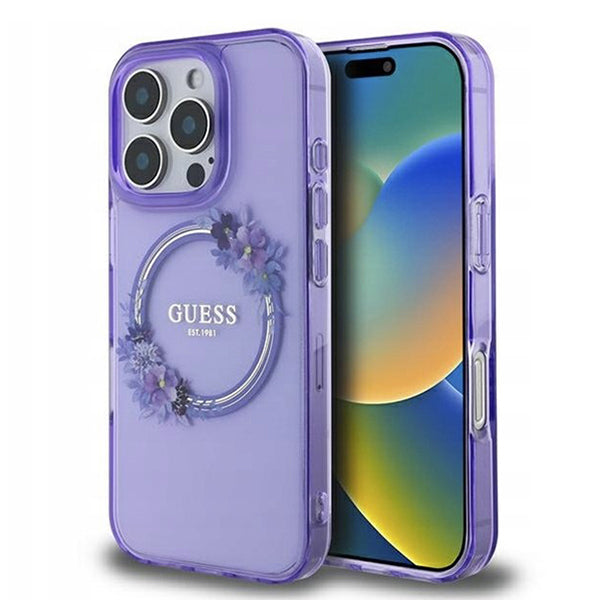 Futrola MagSafe za Apple iPhone 16 Pro, Guess, IML Flowers Wreath, Ljubičasta