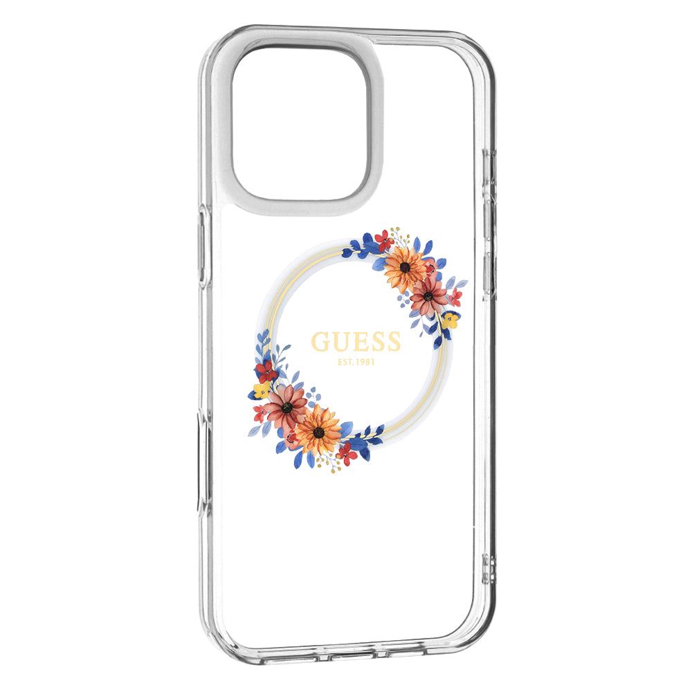Futrola MagSafe za Apple iPhone 16 Pro, Guess, IML Flowers Wreath, Transparentna
