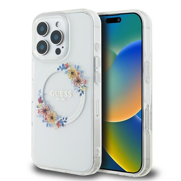 Futrola MagSafe za Apple iPhone 16 Pro, Guess, IML Flowers Wreath, Transparentna