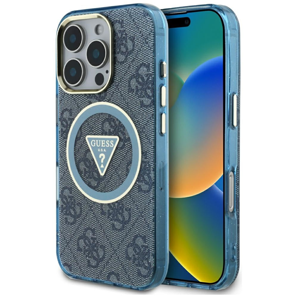 Husa MagSafe za Apple iPhone 16 Pro, Guess, IML Glitter 4G Circle Triangle, Plava