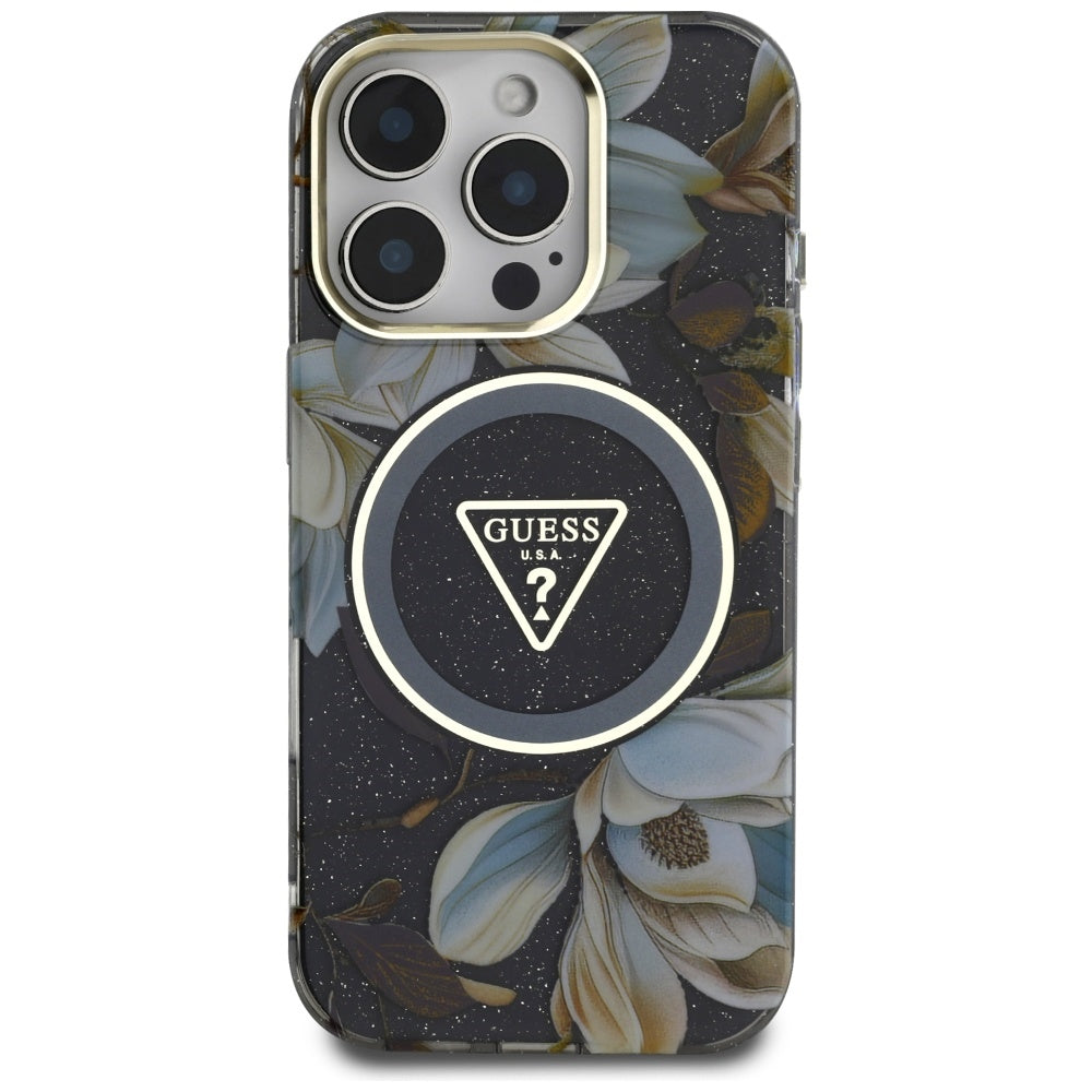 Futrola MagSafe za Apple iPhone 16 Pro, Guess, IML Metal Glitter Flowers Triangle, Crna