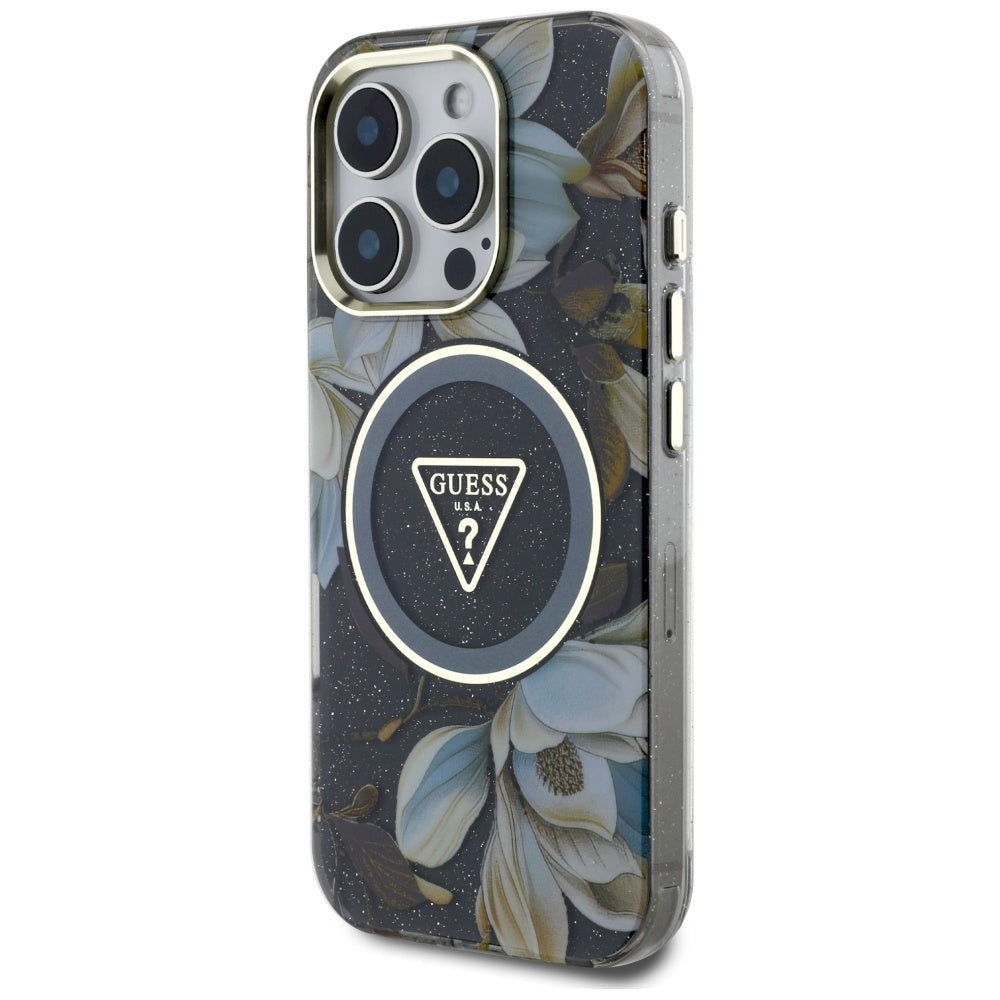 Futrola MagSafe za Apple iPhone 16 Pro, Guess, IML Metal Glitter Flowers Triangle, Crna