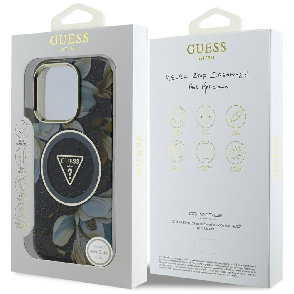 Futrola MagSafe za Apple iPhone 16 Pro, Guess, IML Metal Glitter Flowers Triangle, Crna