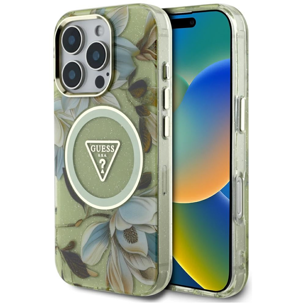 Futrola MagSafe za Apple iPhone 16 Pro, Guess, IML Metal Glitter Flowers Triangle, Zelena