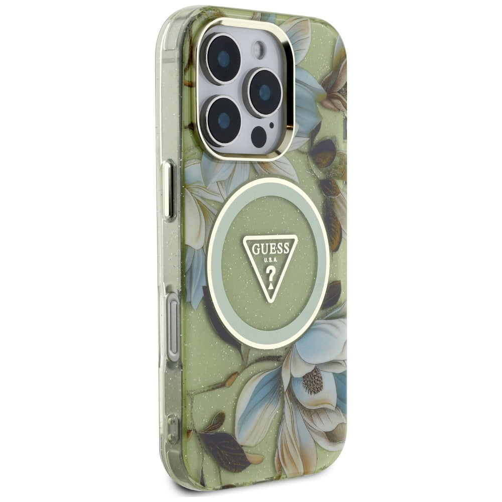 Futrola MagSafe za Apple iPhone 16 Pro, Guess, IML Metal Glitter Flowers Triangle, Zelena