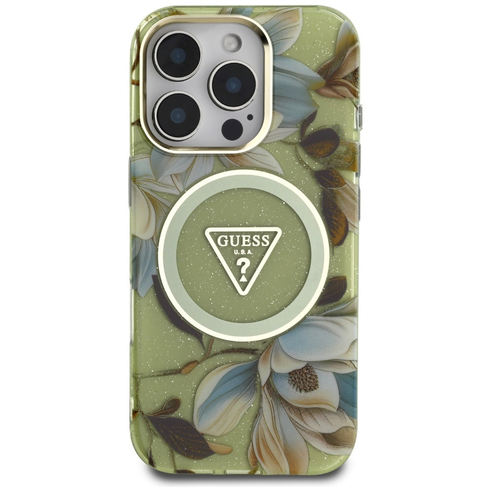 Futrola MagSafe za Apple iPhone 16 Pro, Guess, IML Metal Glitter Flowers Triangle, Zelena