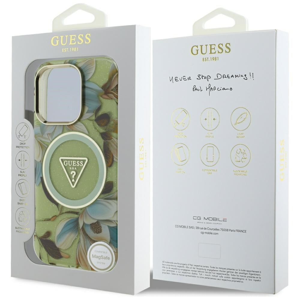 Futrola MagSafe za Apple iPhone 16 Pro, Guess, IML Metal Glitter Flowers Triangle, Zelena