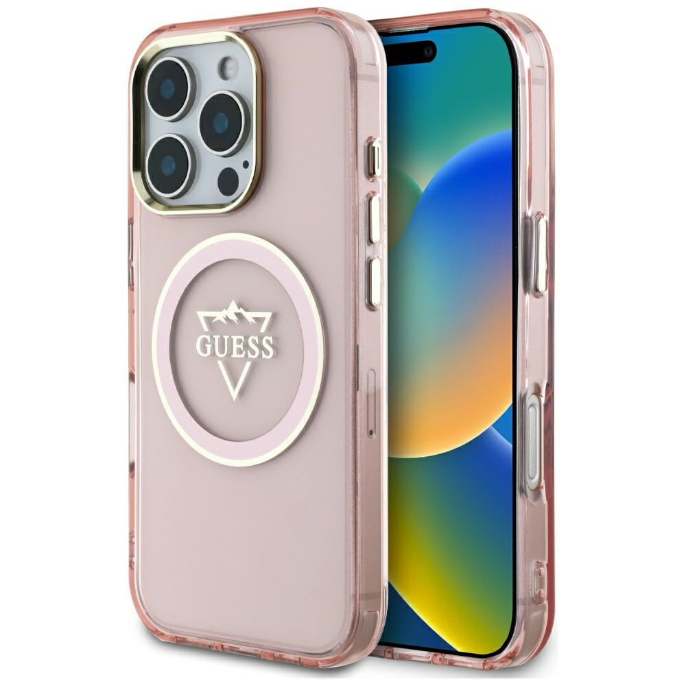 Futrola MagSafe za Apple iPhone 16 Pro, Guess, IML Metal Mountain Logo, Roze