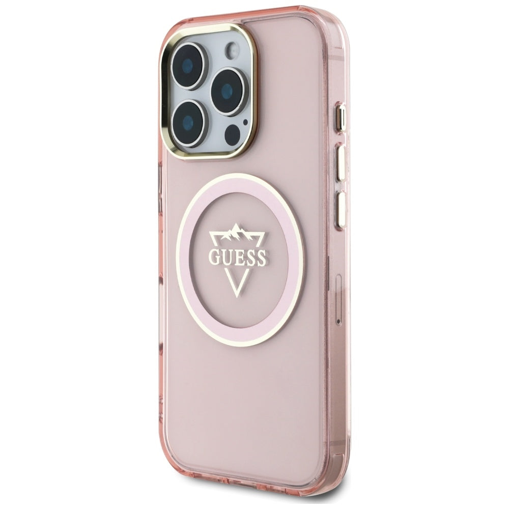 Futrola MagSafe za Apple iPhone 16 Pro, Guess, IML Metal Mountain Logo, Roze