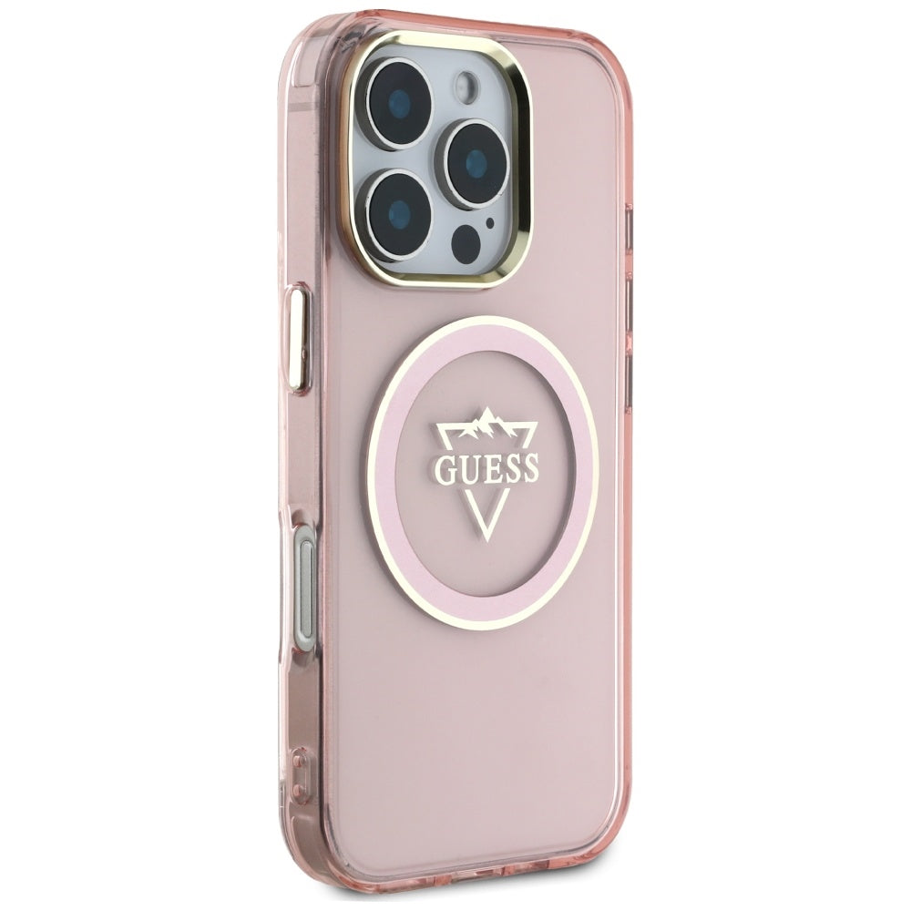 Futrola MagSafe za Apple iPhone 16 Pro, Guess, IML Metal Mountain Logo, Roze