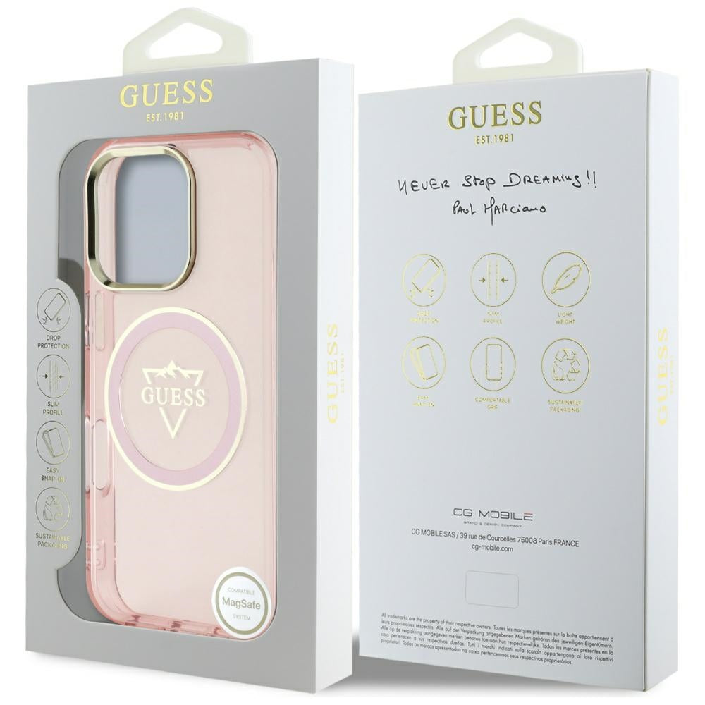Futrola MagSafe za Apple iPhone 16 Pro, Guess, IML Metal Mountain Logo, Roze
