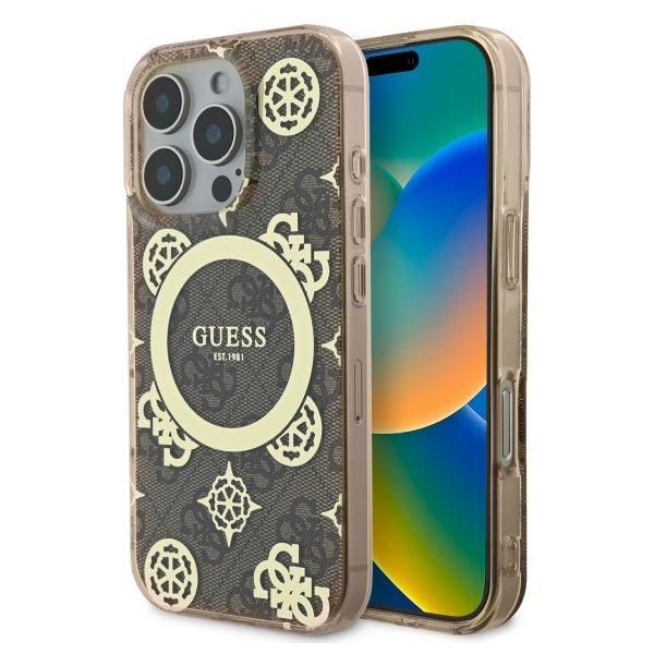 Husa MagSafe za Apple iPhone 16 Pro, Guess, IML Peony On 4G Background, Braon
