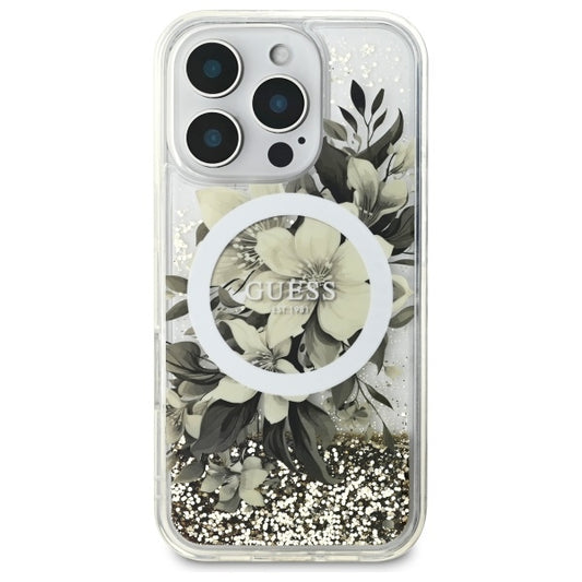 Futrola MagSafe za Apple iPhone 16 Pro, Guess, Liquid Glitter Flower, Bež