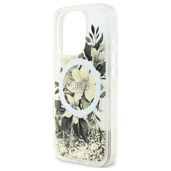 Futrola MagSafe za Apple iPhone 16 Pro, Guess, Liquid Glitter Flower, Bež