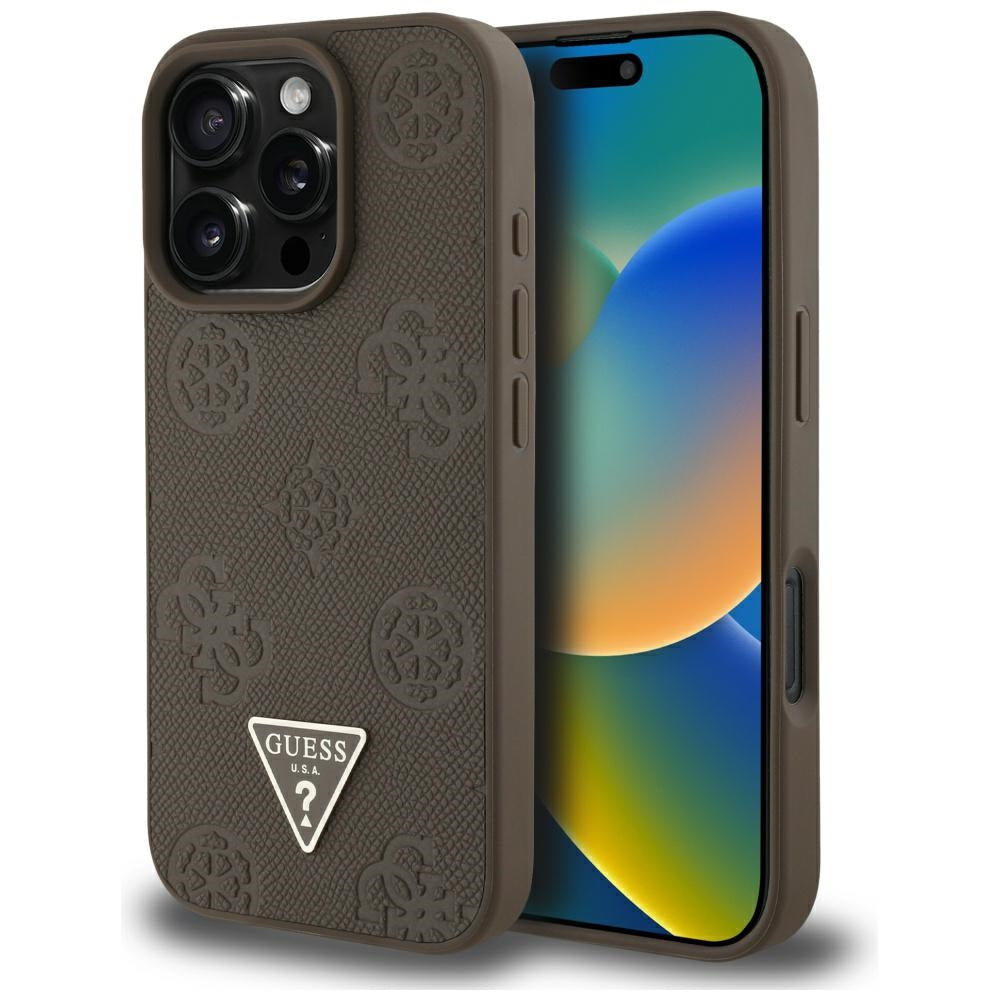 Futrola MagSafe za Apple iPhone 16 Pro, Guess, Peony Grained Hot Stamp Triangle, Braon