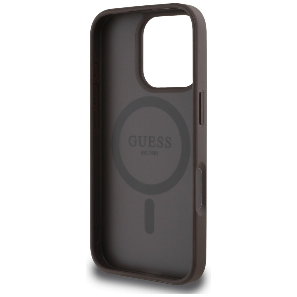 Futrola MagSafe za Apple iPhone 16 Pro, Guess, Peony Grained Hot Stamp Triangle, Braon