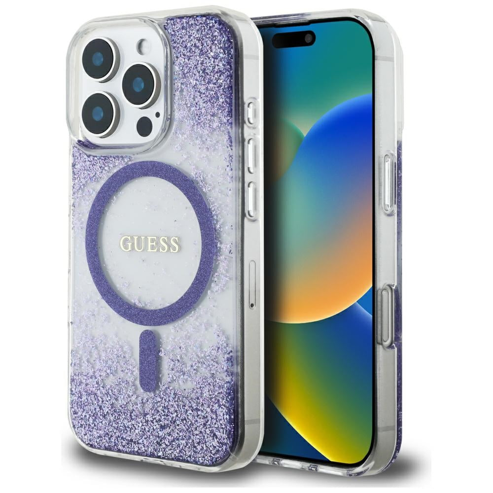 Husa MagSafe za Apple iPhone 16 Pro, Guess, Resin Bottom Glitter, Ljubičasta