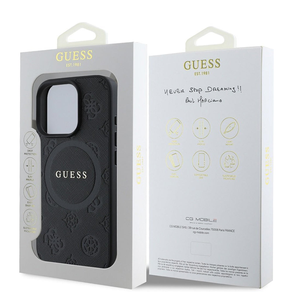 Futrola MagSafe za Apple iPhone 16 Pro, Guess, Saffiano Peony Classic Logo, Crna