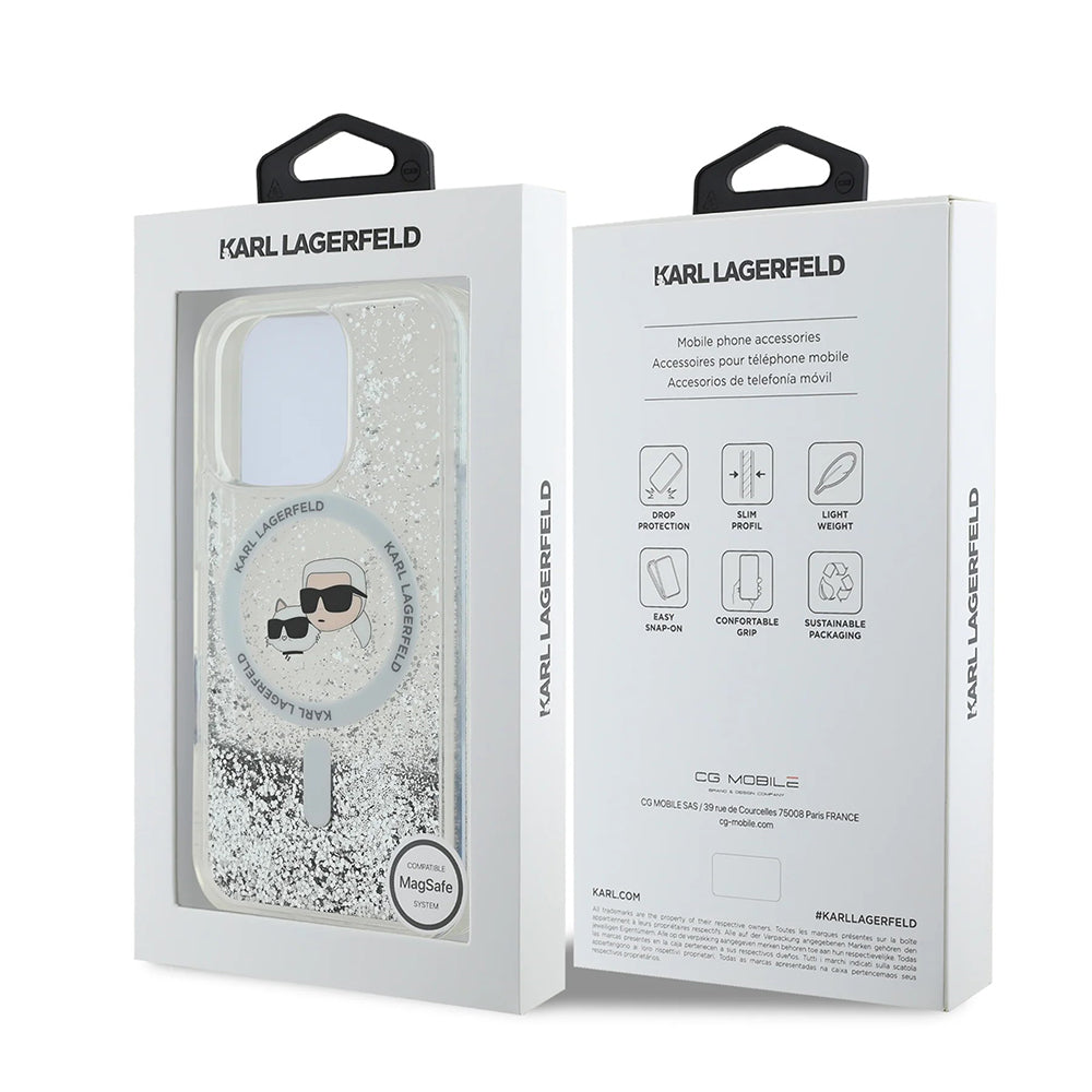Futrola MagSafe za Apple iPhone 16 Pro, Karl Lagerfeld, Liquid Glitter Karl & Choupette's Heads, Transparentna