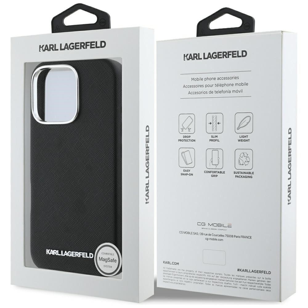 Futrola MagSafe za Apple iPhone 16 Pro, Karl Lagerfeld, Saffiano Full Wrapped Elongated Metal Logo, Crna