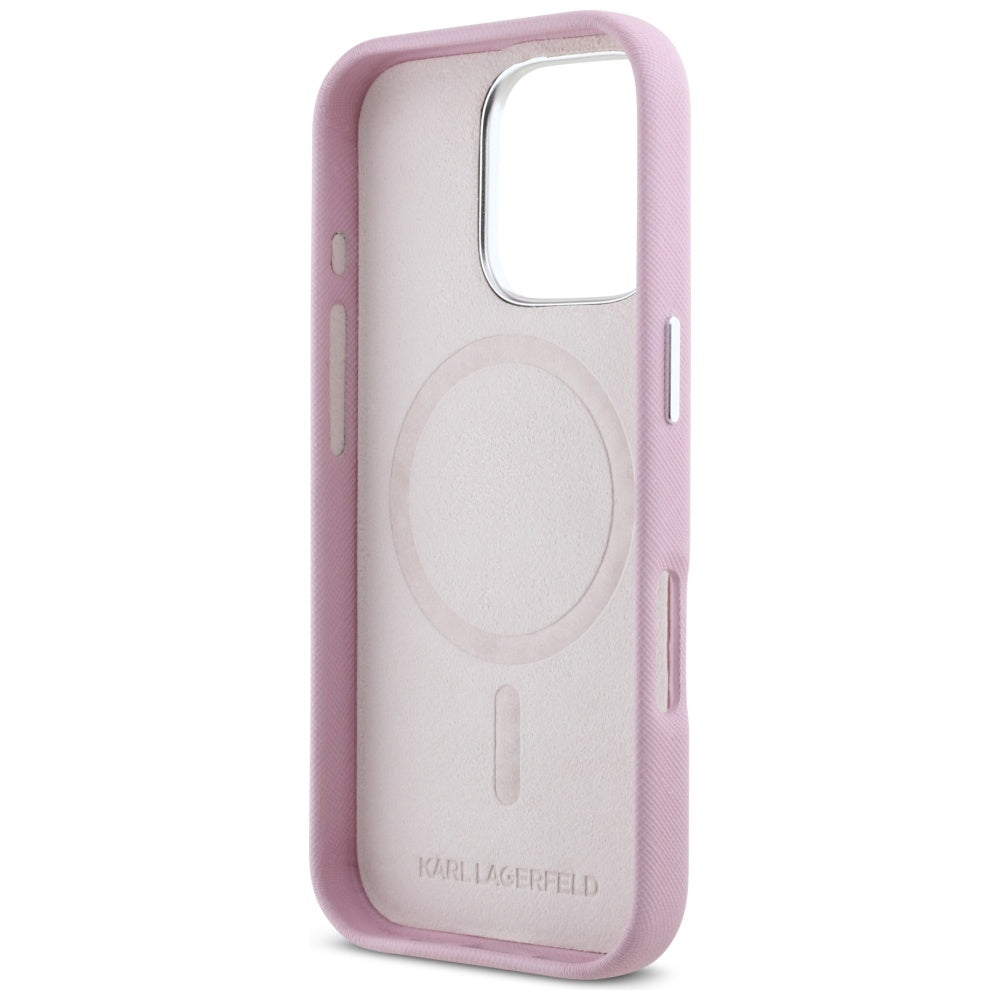 Futrola MagSafe za Apple iPhone 16 Pro, Karl Lagerfeld, Saffiano Full Wrapped Elongated Metal Logo, Roze